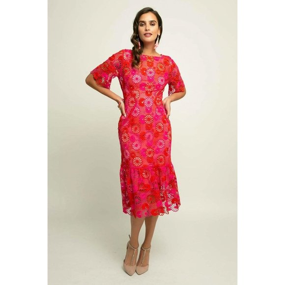Eva Franco Dresses & Skirts - Eva Franco fitted lace Red Midi Flounced Wedding Guest fuchsia 3/4 sleeves